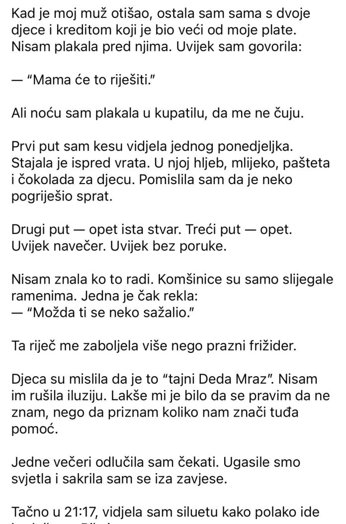 “Godinama je tiho ostavljala kese ispred naših vrata — a onda je jedne večeri pokucala i rekla rečenicu koja mi je promijenila život.” - featured image “Godinama je tiho ostavljala kese ispred naših vrata — a onda je jedne večeri pokucala i rekla rečenicu koja mi je promijenila život.” - featured image